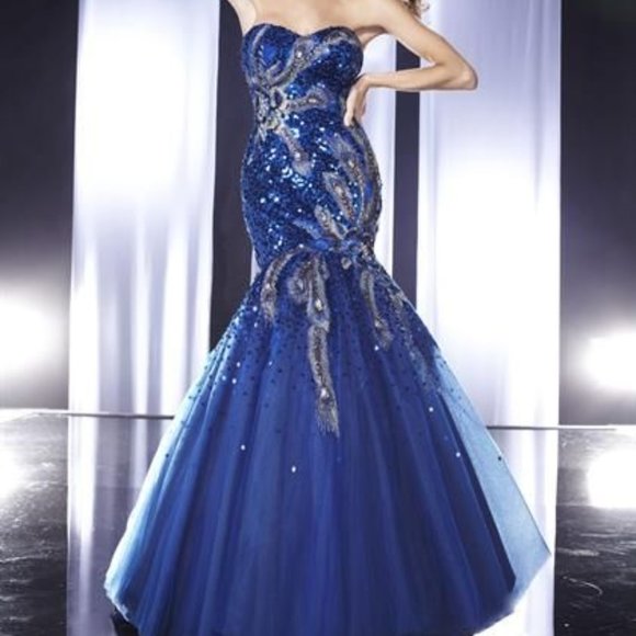Blue Sequin Peacock Prom Dress - Picture 1 of 6